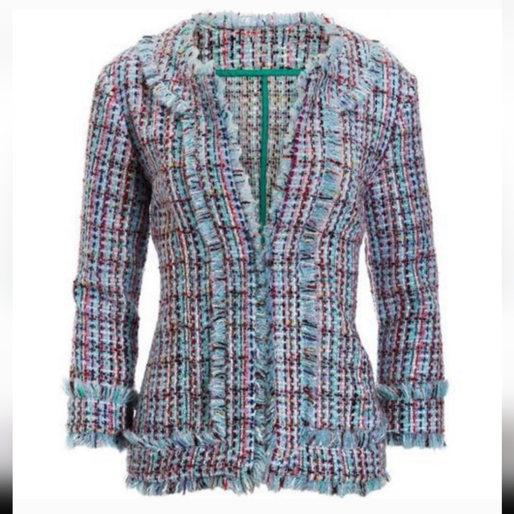 NWT Boston Proper Blue and Pink Tweed Spring Blazer with Fringe Detail Size 4